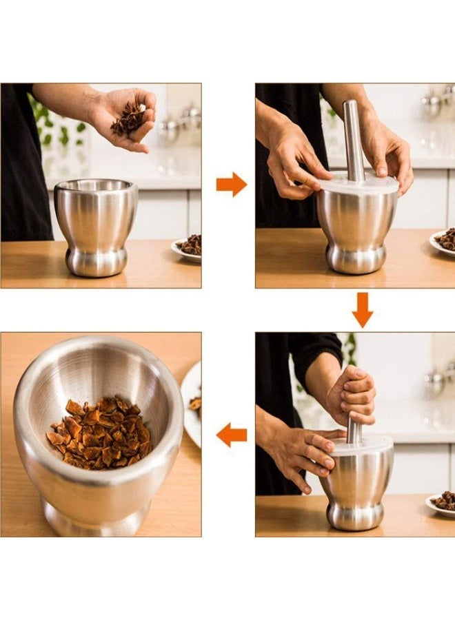 هاون فاخر من الفولاذ المقاوم للصدأ بقاعدة وغطاء متينين للاستخدام اليومي في المطبخ. تصميم مصبوب صلب لطحن التوابل والأعشاب بسهولة. - Image 3